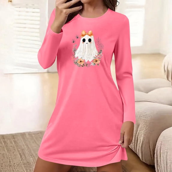 Puyaiuu Lace Bow Ghost Floral Wreath Graphic Soft Loose Womens Crew Neck Long Sleeve Halloween Lounge Night Dress Hot Pink L Gift