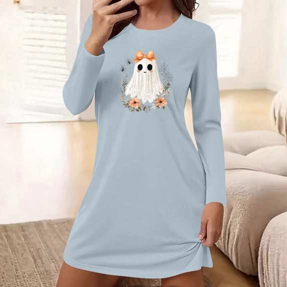 Puyaiuu Lace Bow Ghost Floral Wreath Graphic Soft Loose Womens Crew Neck Long Sleeve Halloween Lounge Night Dress Light Blue XXL Gift