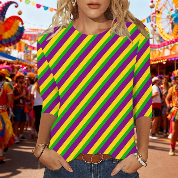 Puyaiuu Mardi Gras Shirt for Women 3/4 Length Sleeve Crew Neck 2025 Carnival Outfits Holiday Party Costumes Graphic Tees Gift