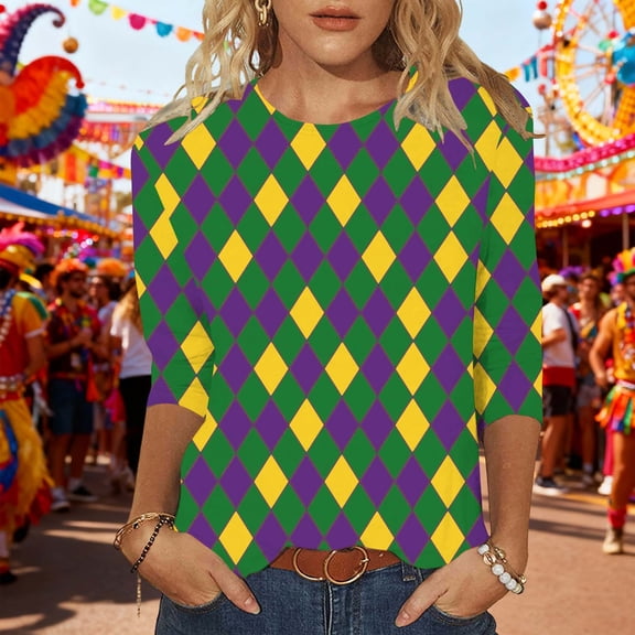 Puyaiuu Mardi Gras Shirt for Women 3/4 Length Sleeve Crew Neck 2025 Carnival Outfits Holiday Party Costumes Graphic Tees Gift