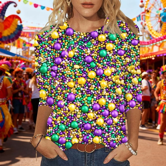 Puyaiuu Mardi Gras Shirt for Women 3/4 Length Sleeve Crew Neck 2025 Carnival Outfits Holiday Party Costumes Graphic Tees Gift