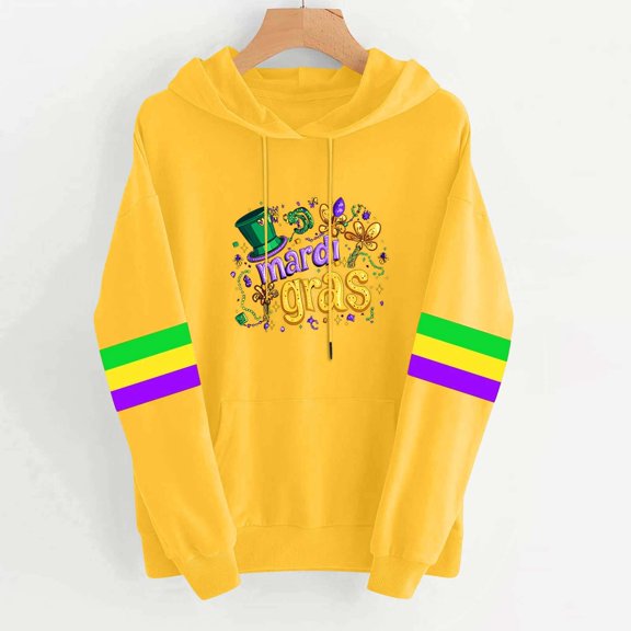 Puyaiuu Mardi Gras Sweatshirt for Women Funny Stylish Holiday Graphic Hoodie Long Sleeve Carnival Hooded Pullover Gift