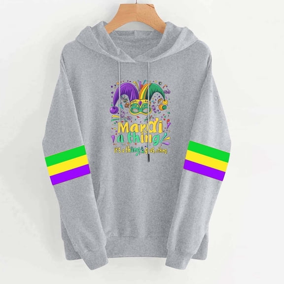 Puyaiuu Mardi Gras Sweatshirt for Women Long Sleeve Mardi Gras Print Hooded Tops Party Carnival Hoodies with Pockets Gift