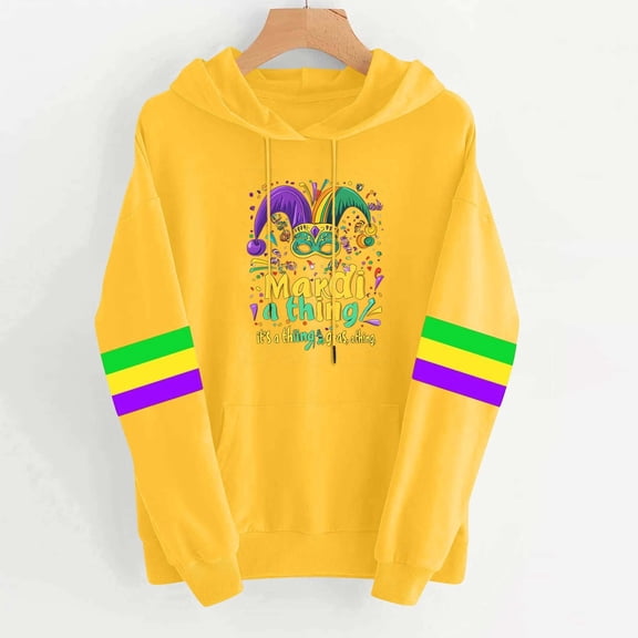 Puyaiuu Mardi Gras Sweatshirt for Women Long Sleeve Mardi Gras Print Hooded Tops Party Carnival Hoodies with Pockets Gift