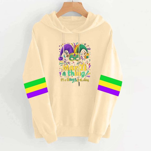 Puyaiuu Mardi Gras Sweatshirt for Women Long Sleeve Mardi Gras Print Hooded Tops Party Carnival Hoodies with Pockets Gift