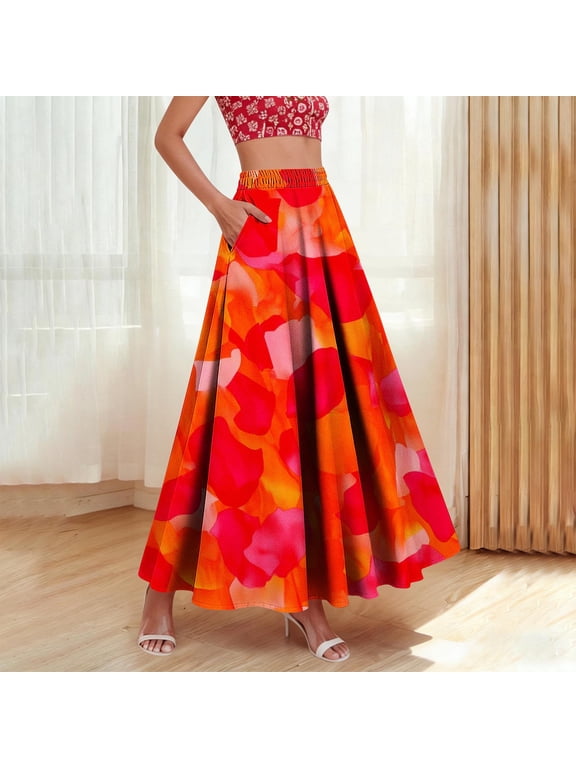 Maxi Skirts for Women, High Waisted Bohemian Style with Pockets, Flowy A Line Ruffle Hem Skirt, Elastic Waistband Long Skirt, Vintage Printed Boho Skirt Gift