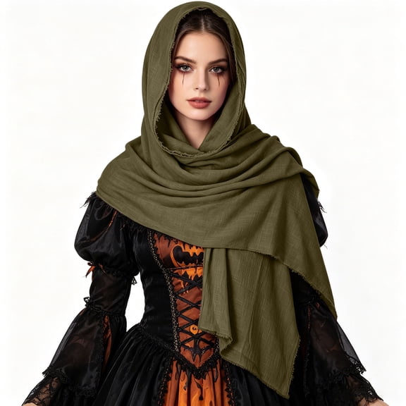 Puyaiuu Medieval Linen Hooded Scarf Cape Renaissance Pirate Halloween Cosplay Costume Cloak Army Green Free Size Gift