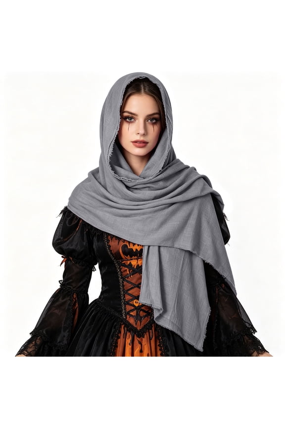 Medieval Linen Hooded Scarf Cape Renaissance Pirate Halloween Cosplay Costume Cloak Gray Free Size Gift