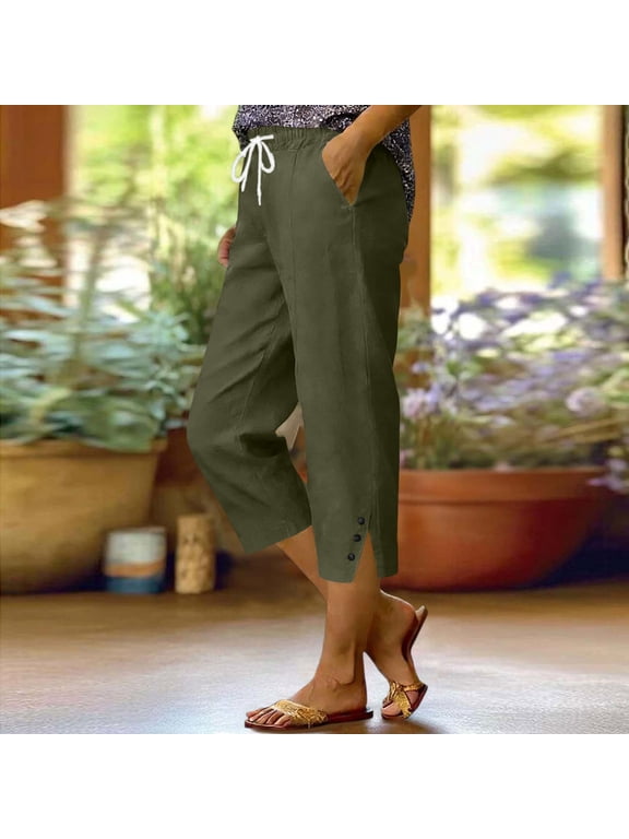 Multi Color Solid Drawstring Elastic Waist Button Split Hem Capri Pants For Women Loose Cotton Linen Straight Leg Casual Summer Cropped Trousers With Side Pockets Gift