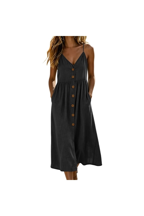 Multi Color Solid V Neck Spaghetti Strap Button Front Midi Dress For Women Loose Flowy Cotton Linen Casual Summer Swing Dress With Side Pockets Gift