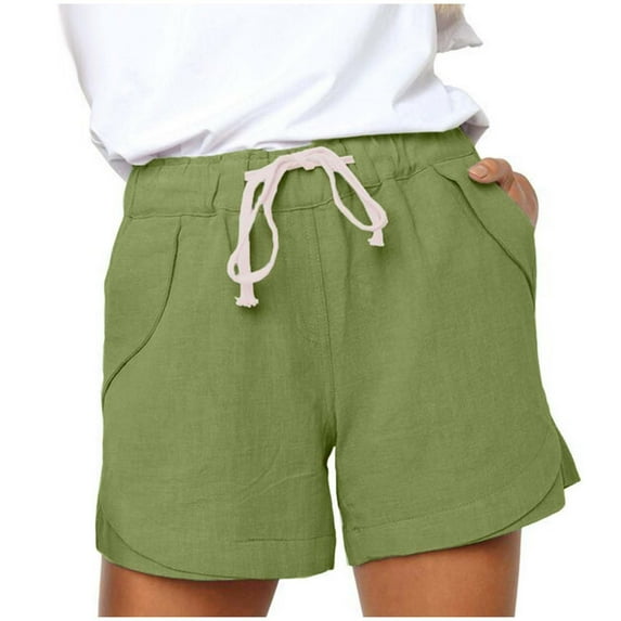 Puyaiuu New 2025 Womens Athletic Shorts Fashion Solid Shorts High Elastic Waist Tie Front with Pocket Soft Comfort Linen Shorts for Women