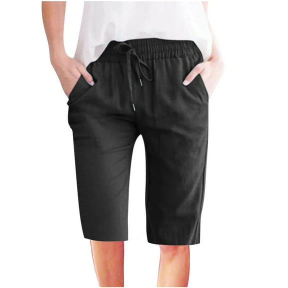 Puyaiuu New 2025 Womens Shorts Casual Loose Solid Half Shorts Pants High Elastic Waist Tie Front with Pocket Stretchable Plus Size Shorts for Women
