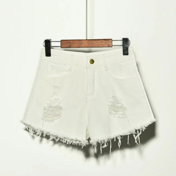 Puyaiuu New 2025 Womens Shorts Casual Trendy Solid Shorts Jeans High Elastic Waist Ripped Hole with Pocket Stretchable Plus Size Shorts for Women