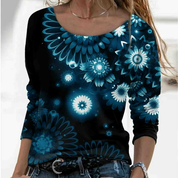 Puyaiuu New Casual Shirts for Women Plus Size Round Neck Print 3/4 Sleeve Dress Pullover Sweatshirts for Women Breathable T Shirts for Women