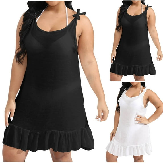 Puyaiuu New Formal Dresses for Women Women Solid-Color Plus-Size Ruffled Beach Cover Shirt Tied Bow Dress Sundresses for Women 2025
