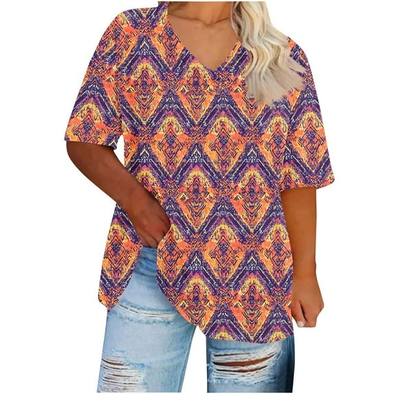 Puyaiuu New Ladies Tops and Blouses Leisure V-Neck 3/4 Sleeve Blouses & Shirts Print Lightweight Womens Tops Casual Womens T-Shirts Plus Size