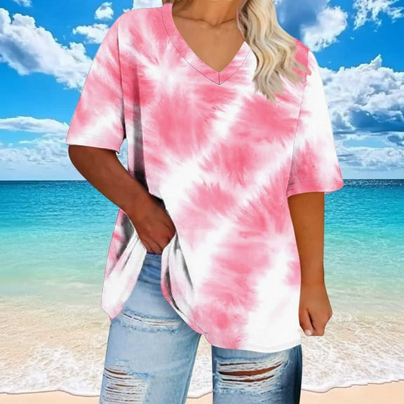 Puyaiuu New Ladies Tops and Blouses Loose V-Neck 3/4 Sleeve Blouses & Shirts Multicolor Lightweight Womens Tops Casual Womens T-Shirts Plus Size