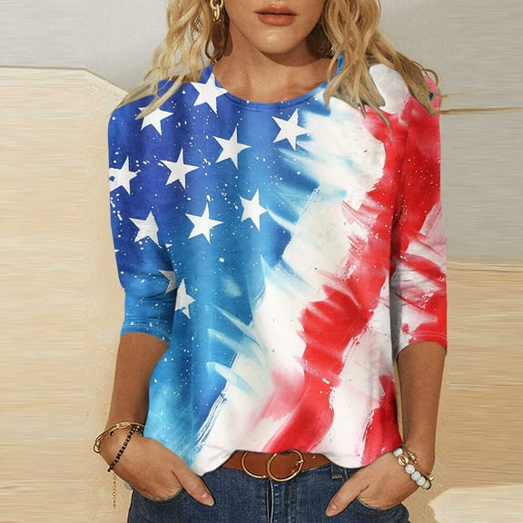 Puyaiuu New Loose Long Sleeve Tops for Women Round Neck Print 3/4 Sleeve T Shirts Breathable Blouses for Women Plus Size