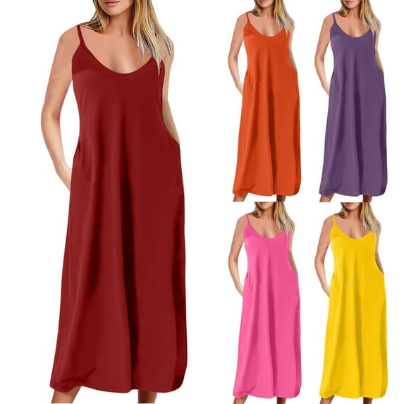 Puyaiuu New Plus Size Dresses with Pockets Fashion Round Neck Sleeveless Long Dress Lightweight with Pocket Solid Women's Casual Dresses