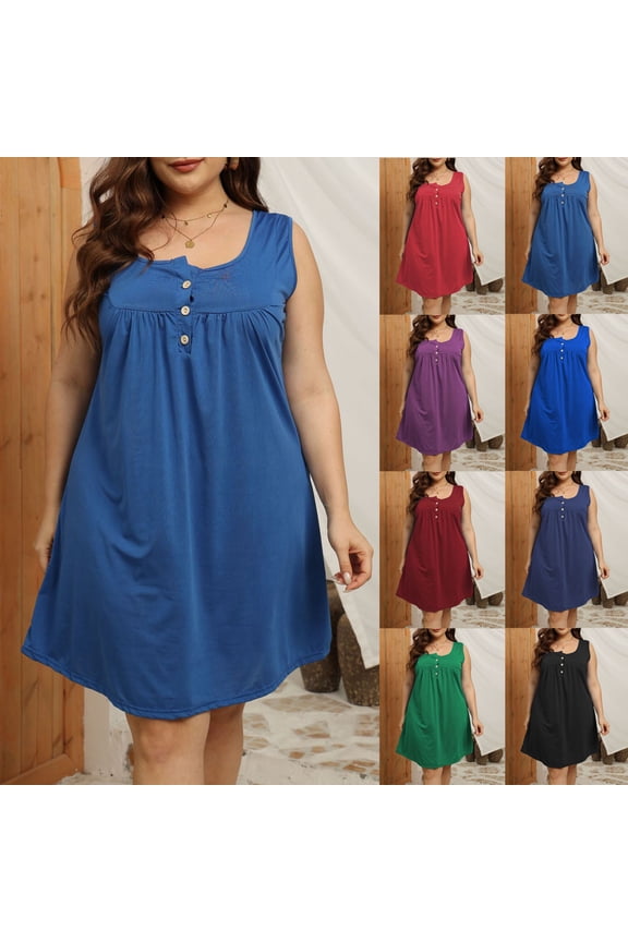 New Plus Size Dresses with Pockets Leisure Squard-Neck Sleeveless Mid-Length Dress Breathable Button Front Solid Women's Casual Dresses