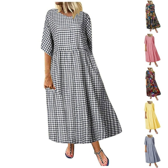 Puyaiuu New Plus Size Dresses with Pockets Leisure V-Neck Elbow-Length Long Dress Breathable with Pocket Plaid Women's Casual Dresses