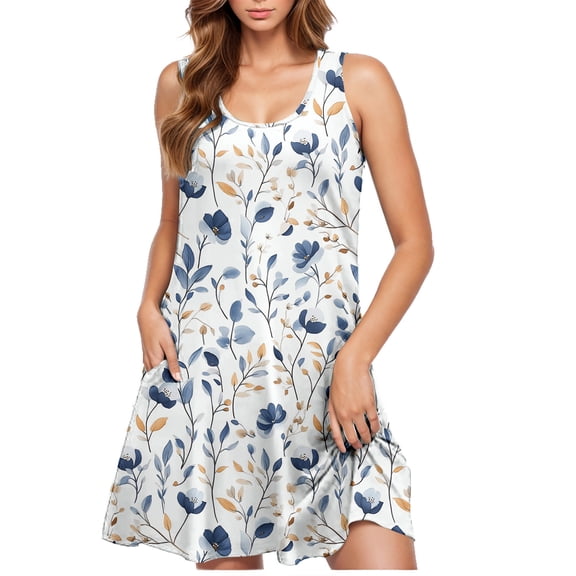 Puyaiuu New Plus Size Dresses with Pockets Loose Round Neck Sleeveless Mid-Length Dress Skin-Friendly with Pocket Print Women's Casual Dresses