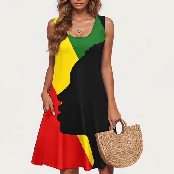 Puyaiuu New Plus Size Dresses with Pockets Trendy Round Neck Sleeveless Mid-Length Dress Quick Drying with Pocket Print Women's Casual Dresses