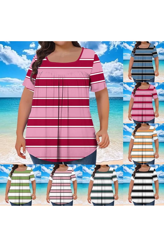 New Plus Size Tops for Women Tops Casual Summer Square Neck Short Sleeve Tunic Shirts Hide Belly Loose Flowy Tunic Blouses Shirts for Women