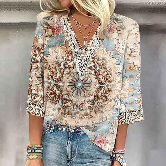 Puyaiuu New Shirts for Women Plus Size Summer Ladies Retro Printed V-Neck Lace Cropped Sleeve Top Long Sleeve Shirt T Shirts for Women