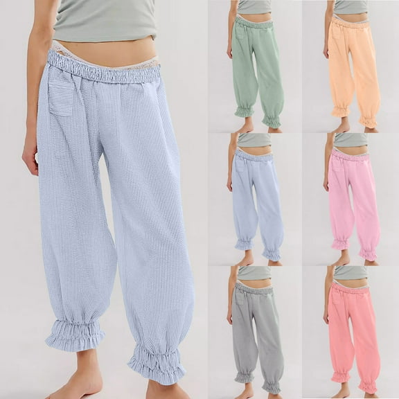 Puyaiuu New Style Plus Size Pants for Women Ladies Elastic Waist Pocket Striped Casual Leg Pants Wide Leg Pants for Women