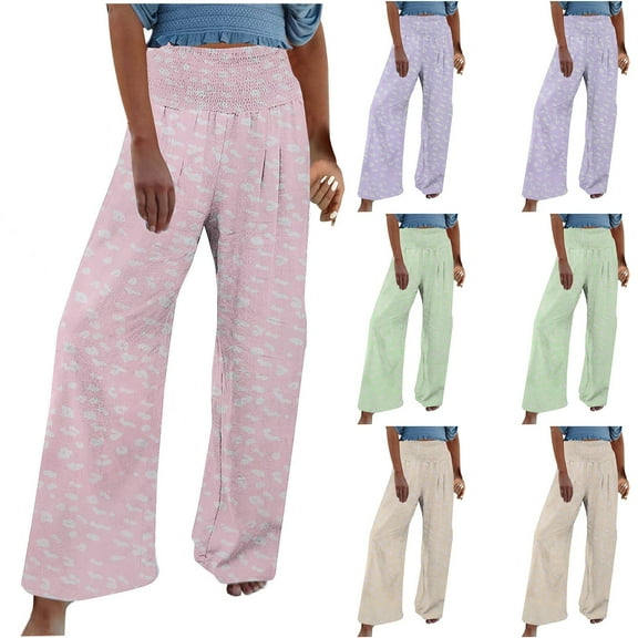 Puyaiuu New Style Wide Leg Pants for Women Ladies Casual Loose Non-Positioning Printed Elastic Elastic Waist Pocket High Waist Straight Trousers