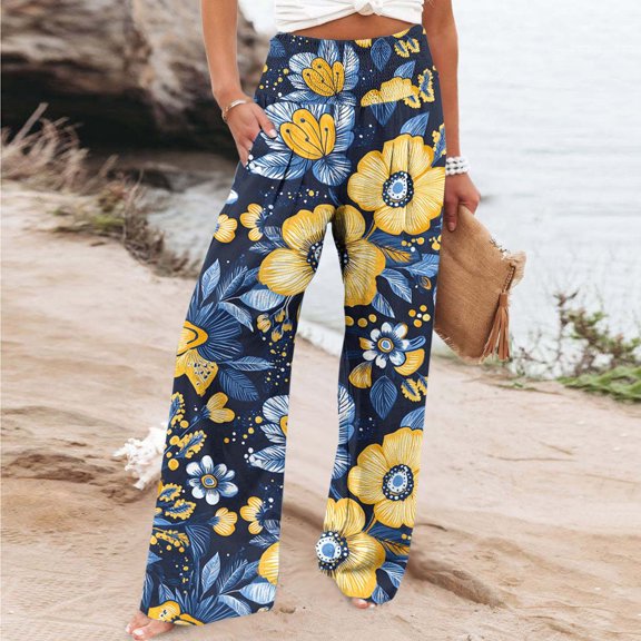 Puyaiuu New Style Wide Leg Trousers for Women Ladies Casual Loose Printed Elastic Elastic Waist Pocket High Waist Straight Trousers