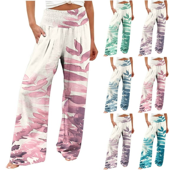 Puyaiuu New Style Womens Pants Plus Size Ladies Casual Loose Printed Elastic Elastic Waist Pocket High Waist Straight Trousers