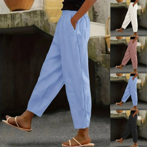 Puyaiuu New Style Yoga Pants for Women Ladies Summer Solid Color Cotton-Like Pocket Elastic Waist Trousers Cotton-Like Linen