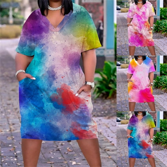 Puyaiuu New Summer Dresses for Women 2025 Casual V-Neck Short Sleeve Mid-Length Dress Soft Comfort with Pocket Gradation Womens Summer Dresses