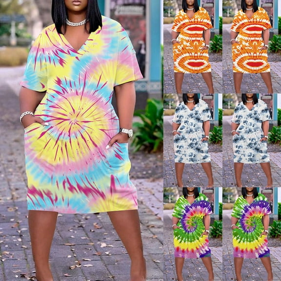 Puyaiuu New Summer Dresses for Women 2025 Ladies Plus Size Gradient Printing Loose Casual Short Sleeve V-Neck Knee-Length Dress Womens Summer Dresses