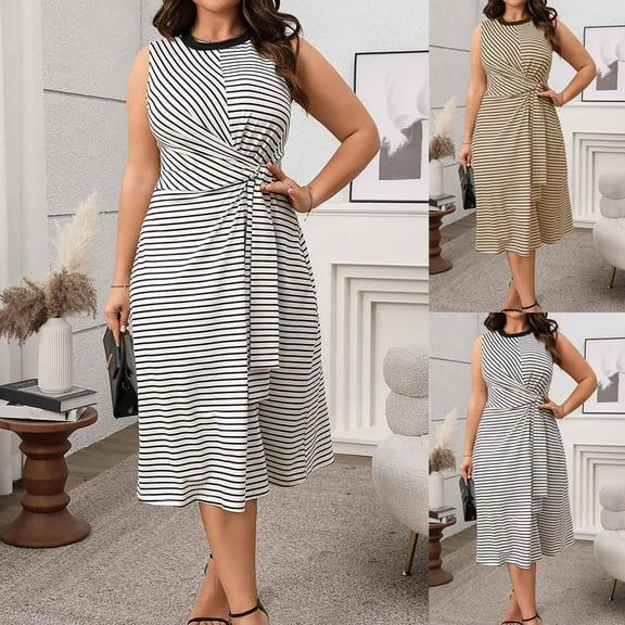 Puyaiuu New Sundresses for Women Summer Plus-Size Ladies' Striped Print Leisure Folds Tie Front Hawaiian Dresses for Women
