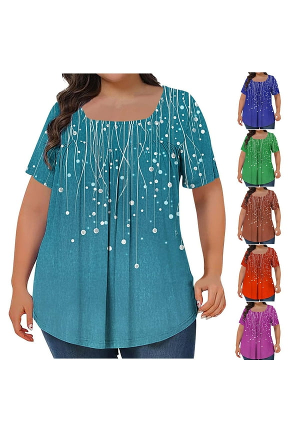 New Tops for Women Trendy Leisure Squard-Neck Short Sleeve Blouses & Shirts Multicolor Quick Drying T-Shirts Womens Plus Womens T-Shirts Plus Size