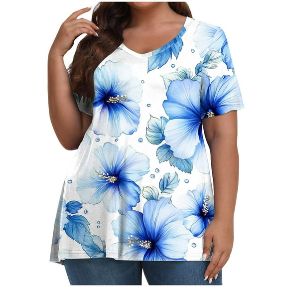 Puyaiuu New Tops for Women Trendy Leisure V-Neck Short Sleeve Blouses & Shirts Print Breathable T-Shirts Womens Plus Womens T-Shirts Plus Size