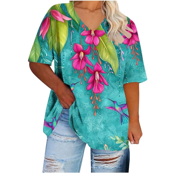 Puyaiuu New Women's Tops Womens Tops Dressy Casual Summer T-Shirts Trendy Short Sleeve Loose V-Neck Tunic Tops Going Out Tops
