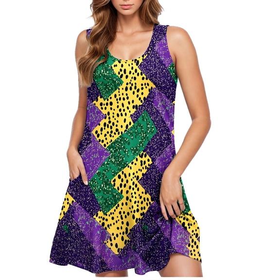 Puyaiuu New Womens Dresses Summer Casual Round Neck Sleeveless Mid-Length Dress Soft Comfort with Pocket Print Plus Size Summer Dresses