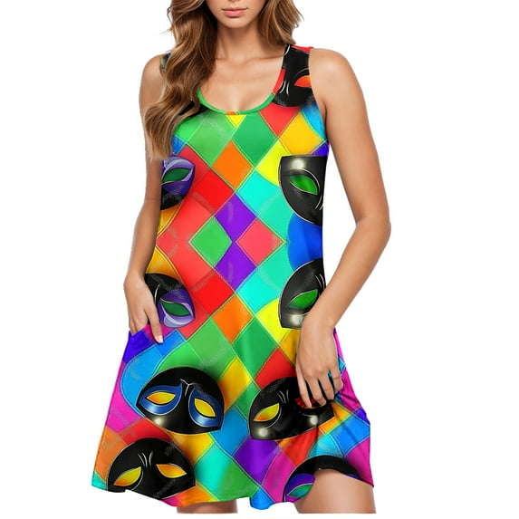 Puyaiuu New Womens Dresses Summer Casual Round Neck Sleeveless Mid-Length Dress Soft Comfort with Pocket Print Plus Size Summer Dresses