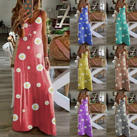 Puyaiuu New Womens Dresses Summer Loose V-Neck Sleeveless Long Dress Skin-Friendly Beach Dresses for Women Print Plus Size Summer Dresses
