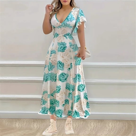 Puyaiuu New Womens Dresses Summer V-Neck Elegant Plus-Size Printed Long Skirt Big Swing Dress Shirt Dresses Plus Size Summer Dresses