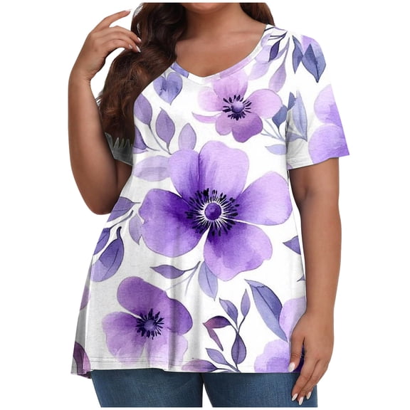 Puyaiuu New Womens Tops Plus Size Fashion V-Neck Short Sleeve Blouses & Shirts Print Breathable Womens Workout Tops Womens T-Shirts Plus Size