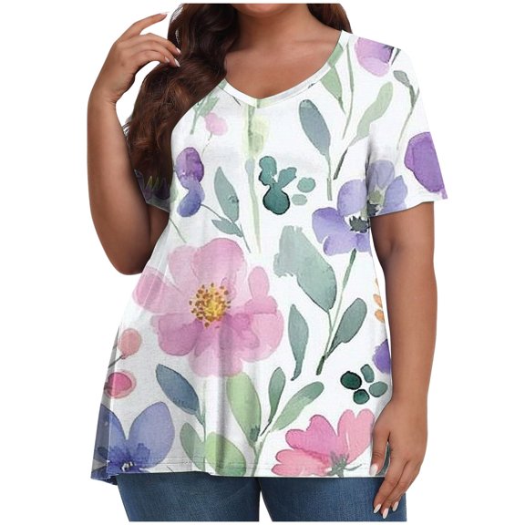 Puyaiuu New Womens Tops Plus Size Leisure V-Neck Short Sleeve Blouses & Shirts Print Quick Drying Womens Workout Tops Womens T-Shirts Plus Size