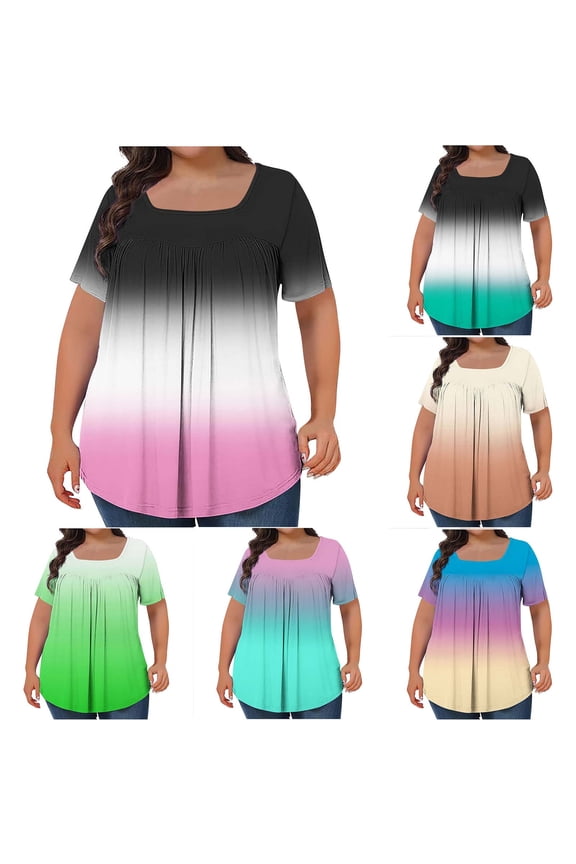 New Womens Tops Plus Size Loose Squard-Neck Short Sleeve Blouses & Shirts Gradation Soft Comfort Womens Workout Tops Womens T-Shirts Plus Size