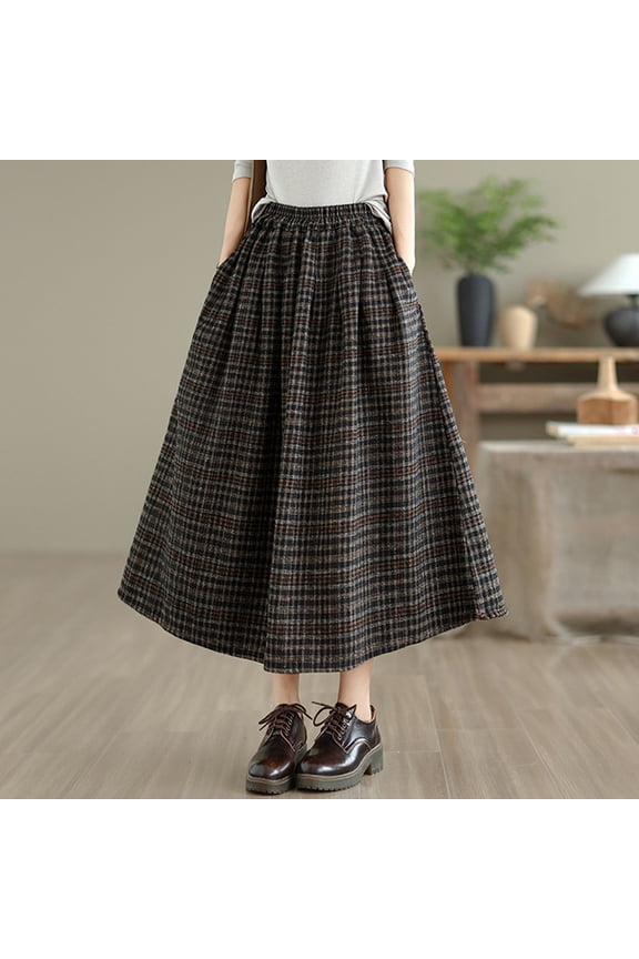 Plaid Skirts for Women, High Waisted A Line Midi Skirt with Elastic Waistband, Wool Blend Fall Winter Skirt, Flowy Tweed Pleated Skirt, Casual Warm Long Skirt Gift