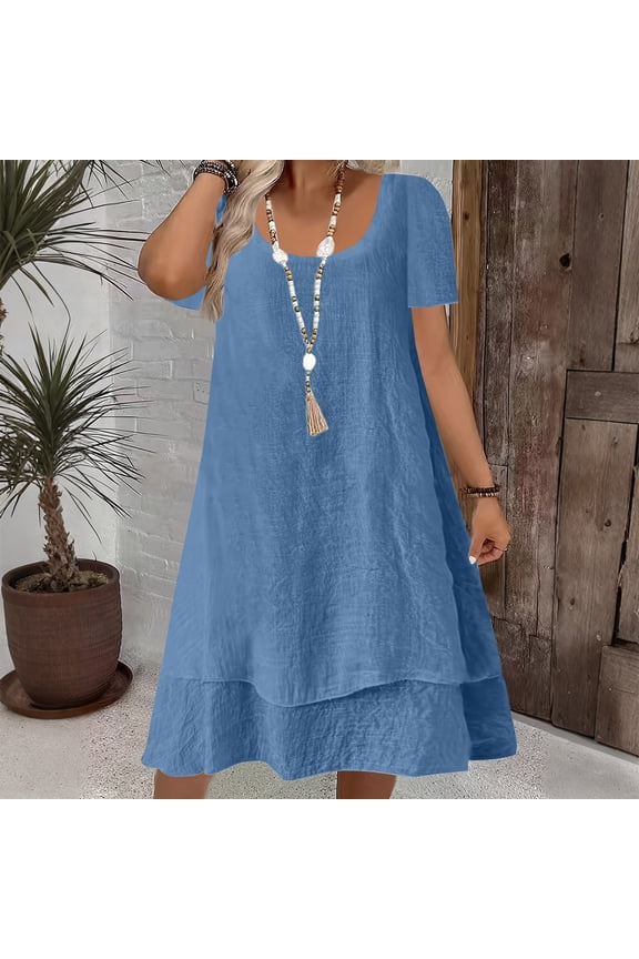 Plus Size Women’s Crewneck Short Sleeve Swing Dress, Loose Comfy A Line Cut Breathable Polyester, Versatile Solid Color Easy Wear, Casual Birthday Vacation Sundresses for Women Gift