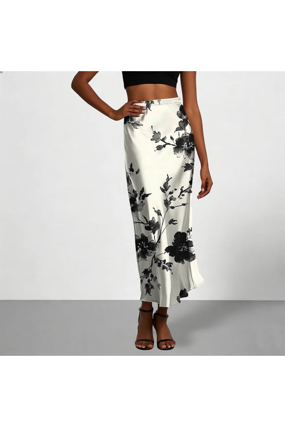 Satin Skirt for Women, High Waisted Maxi Skirt with Elastic Waistband, Flowy A Line Long Skirt with Floral Print, Casual Silky Ankle Length Skirt, Printed Summer Skirt Gift
